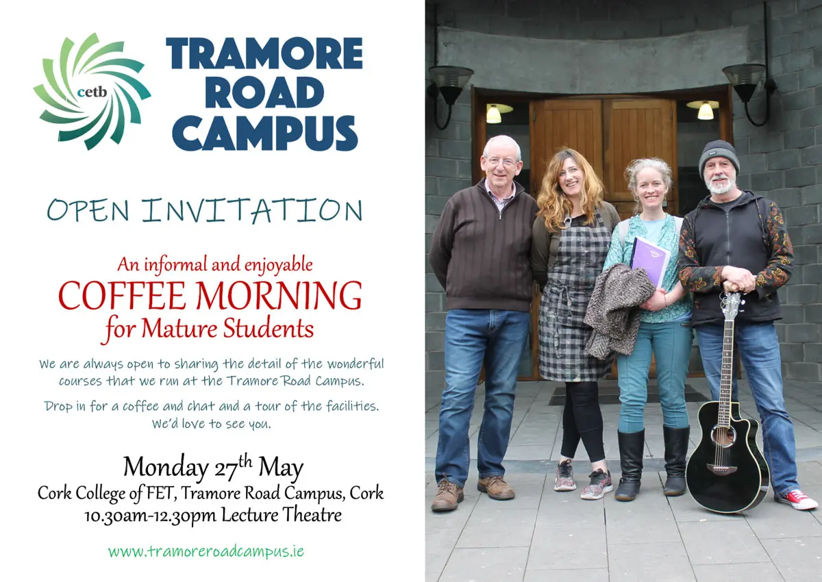 Open invitation to an informal and enjoyable coffee morning for mature students Monday 27th 10:30am, Tramore Road Campus